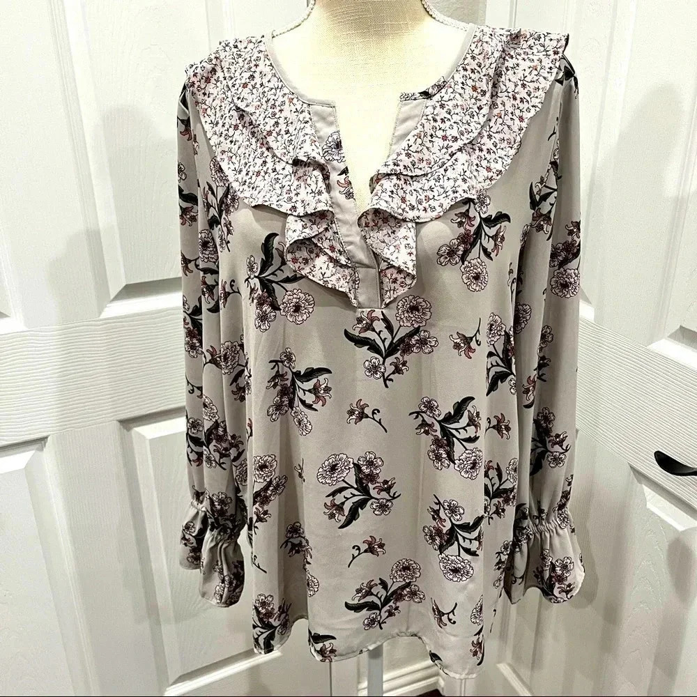 Loft Floral and micro floral ruffled v- neck polyester blouse